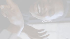 Two people smiling with bar graph animation overlaying their interaction. Business, teamwork, data, analysis, technology, collaboration - Powered by Shutterstock - Get 15% off with code: PIKWIZARD15