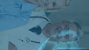 Medical professionals smiling with digital data and world map animation overlay. Healthcare, technology, innovation, global, teamwork, digital transformation - Powered by Shutterstock - Get 15% off with code: PIKWIZARD15