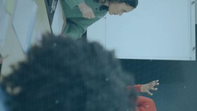 Diverse team in meeting with digital data processing animation overlay. Teamwork, collaboration, technology, business, innovation, brainstorming - Powered by Shutterstock - Get 15% off with code: PIKWIZARD15