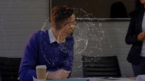 Business team reviewing documents while network globe rotating, tapping tablet reshaping clusters. Collaboration, innovation, technology, networking, digital, professional, discussion - Powered by Shutterstock - Get 15% off with code: PIKWIZARD15