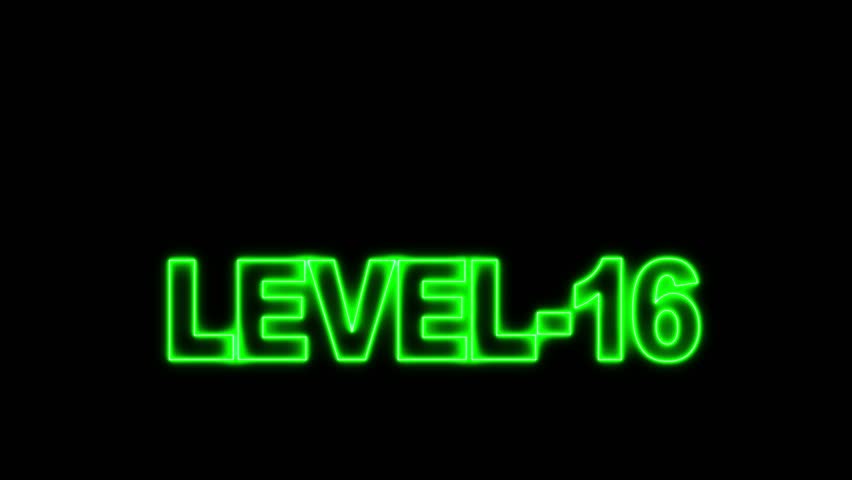 Neon level -16 animation. Level 16 neon text. Neon level up sign.