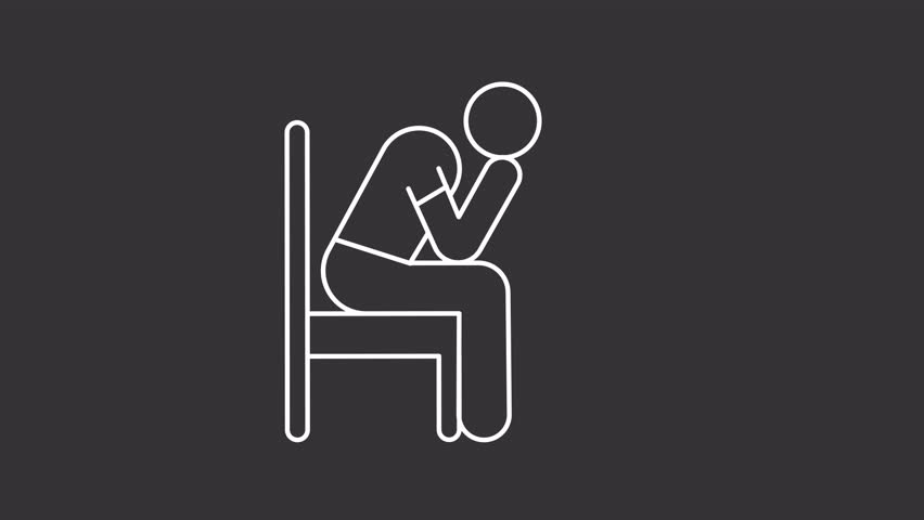 Anxiety white line animation. Crying person animated icon. Moving head, falling teardrop. Depression problem. Loneliness, psychology. Isolated element on dark background. Alpha transparent video