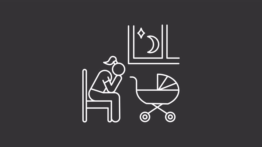 Depression white line animation. Postpartum animated icon. Falling teardrop. Moving baby carriage, shaking. Childbirth, motherhood. Isolated element on dark background. Alpha transparent video