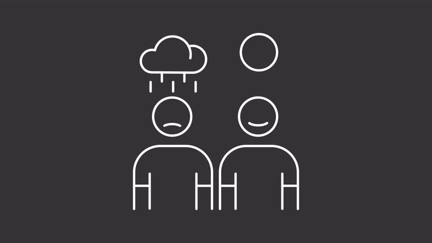 Seasonal disorder white line animation. Different mood animated icon. Raining cloud, shining sun. Changing expressions. Sad person, happy. Isolated element on dark background. Alpha transparent video