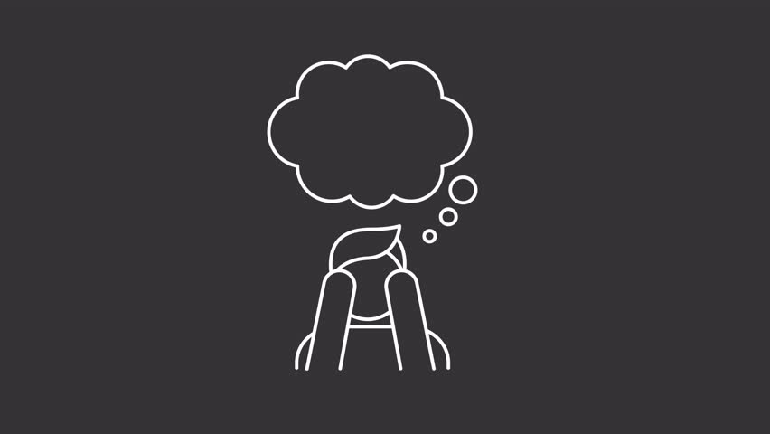 Anxiety disorder white line animation. Thought illness animated icon. Writing line, floating cloud. Moving head. Depression problem. Isolated element on dark background. Alpha transparent video