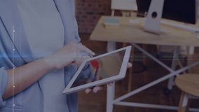 Businesswoman tapping tablet screen and showing holographic business charts tracking data metrics. Technology, analytics, innovation, professionalism, futurism, digital, corporate - Powered by Shutterstock - Get 15% off with code: PIKWIZARD15