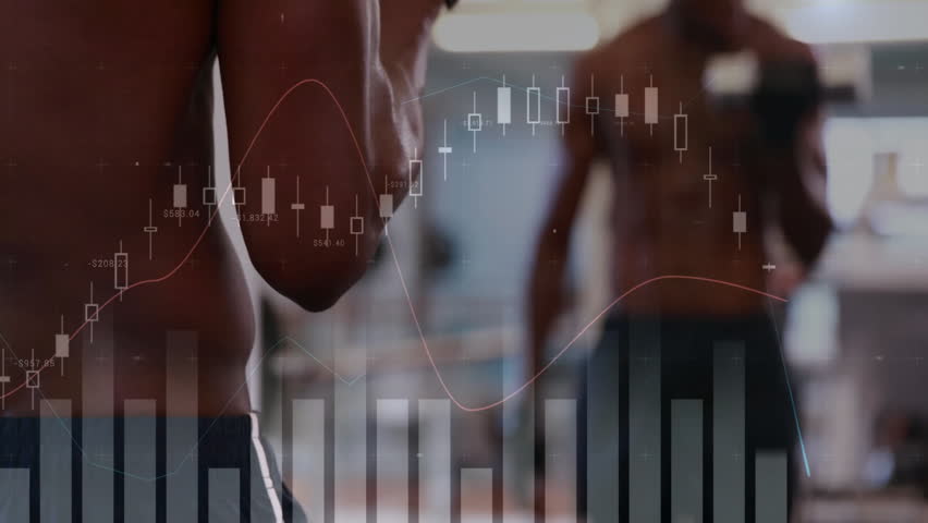 shirtless gym man starting bicep curling, syncing semi-transparent finance chart shifting with reps. Strength, workout, determination, fitness, masculinity, motivation, exercise