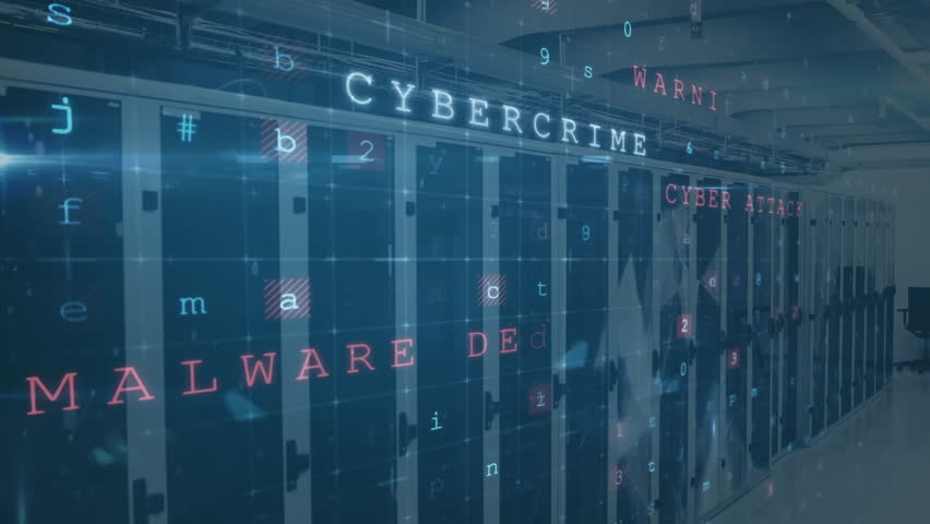Server racks showing MALWARE DETECTED SCANNING V!RUS DETECTED pulsing simulating attack monitoring. Technology, cybersecurity, digital, data, innovation, network, alert - Powered by Shutterstock - Get 15% off with code: PIKWIZARD15