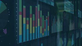 Woman walking hallway speaking on phone monitoring shifting bar charts for business insight. Technology, data, analytics, professional, urban, modern, innovation - Powered by Shutterstock - Get 15% off with code: PIKWIZARD15