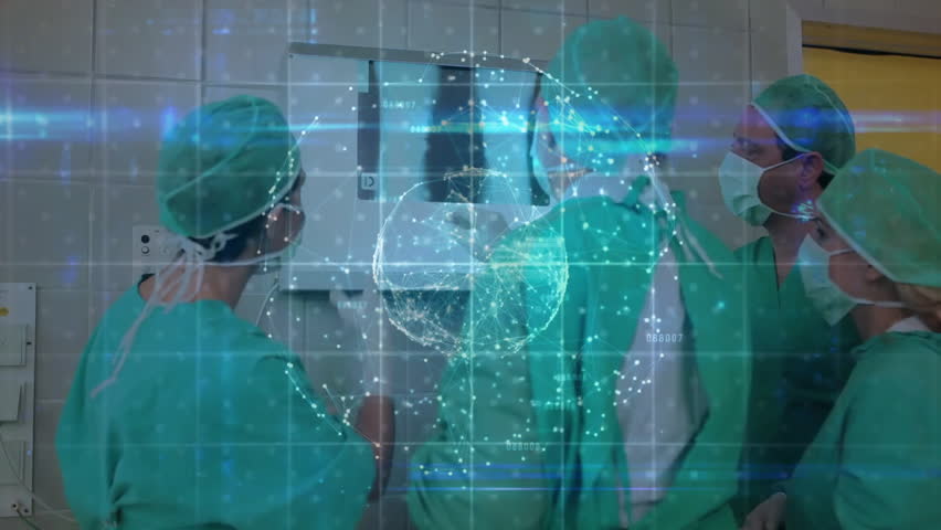 Medical team viewing X-ray while holographic globe streams data stabilizing into diagnostic report. Medical, teamwork, futuristic, technology, clinical, collaboration, innovation - Powered by Shutterstock - Get 15% off with code: PIKWIZARD15