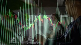 Four professionals gathering around table, candlestick chart animating and analyzing finance trends. Corporate, teamwork, finance, technology, collaboration, analytics, modern - Powered by Shutterstock - Get 15% off with code: PIKWIZARD15