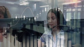 Operator lifting mic boom while speaking on call, animating financial charts on transparent overlay. Professional, teamwork, data, analytics, finance, communication, corporate - Powered by Shutterstock - Get 15% off with code: PIKWIZARD15