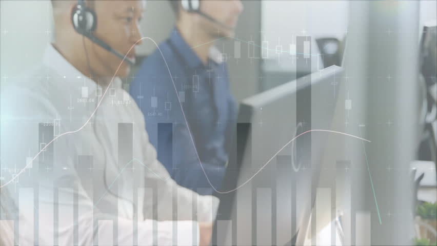 Two call center agents starting calls causing data graph overlays while female agent entering desk. Collaboration, technology, communication, data visualization, teamwork, professionalism, - Powered by Shutterstock - Get 15% off with code: PIKWIZARD15