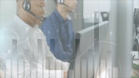 Two call center agents starting calls causing data graph overlays while female agent entering desk. Collaboration, technology, communication, data visualization, teamwork, professionalism, - Powered by Shutterstock - Get 15% off with code: PIKWIZARD15