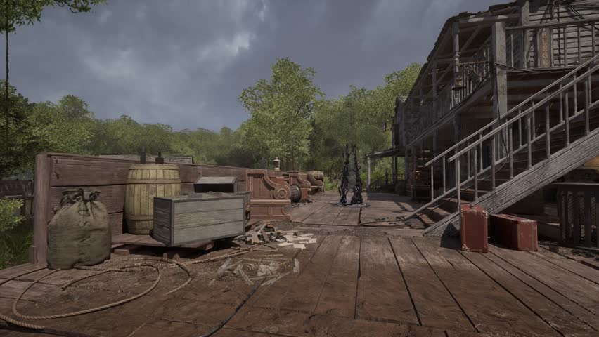 Realistic cinematic shots of an abandoned old western town in a forested rural setting. This collection captures wooden buildings, dirt roads, and environmental storytelling elements. 