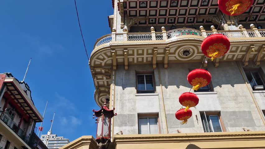 Chinatown in San Francisco USA, Authentic Building and Red Lanterns on Sunny Day