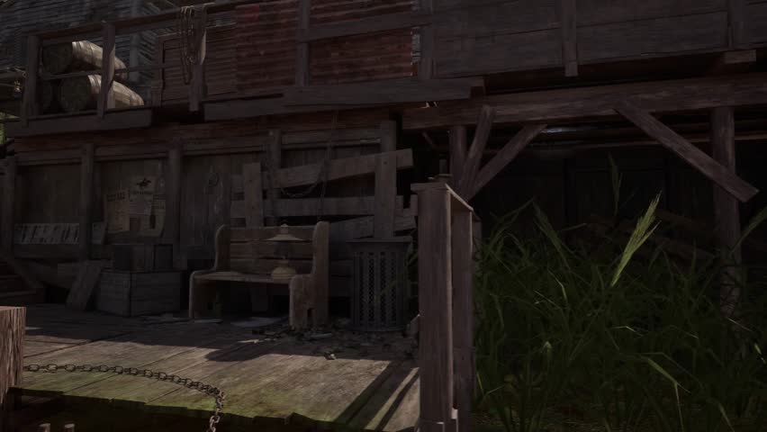 Realistic cinematic shots of an abandoned old western town in a forested rural setting. This collection captures wooden buildings, dirt roads, and environmental storytelling elements. 