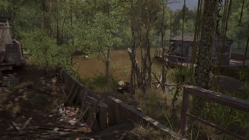 Realistic cinematic shots of an abandoned old western town in a forested rural setting. This collection captures wooden buildings, dirt roads, and environmental storytelling elements. 