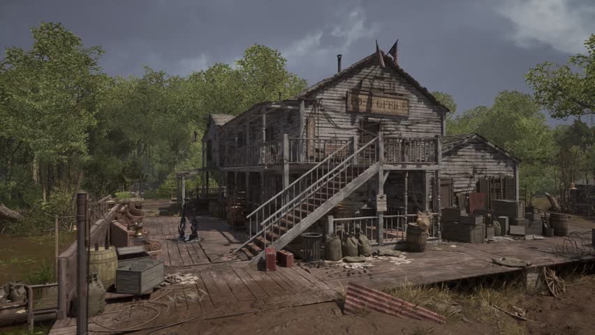 Realistic cinematic shots of an abandoned old western town in a forested rural setting. This collection captures wooden buildings, dirt roads, and environmental storytelling elements. 