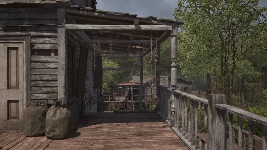 Realistic cinematic shots of an abandoned old western town in a forested rural setting. This collection captures wooden buildings, dirt roads, and environmental storytelling elements. 