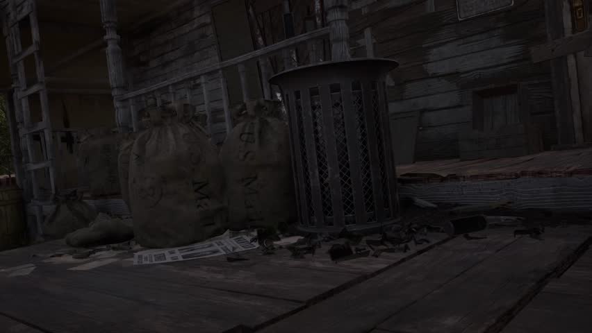Realistic cinematic shots of an abandoned old western town in a forested rural setting. This collection captures wooden buildings, dirt roads, and environmental storytelling elements. 