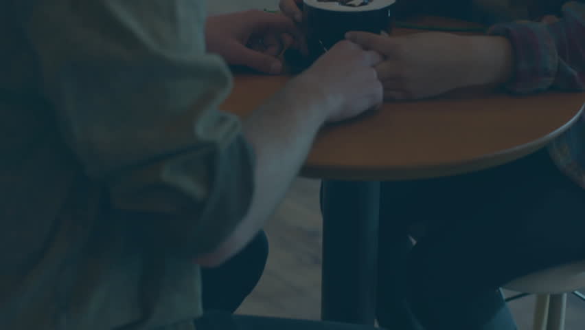 Couple holding coffee cup in cafe creating code overlay with blue progress bars for tech discussion. Romance, urban, modern, minimalist, communication, connection, innovation - Powered by Shutterstock - Get 15% off with code: PIKWIZARD15
