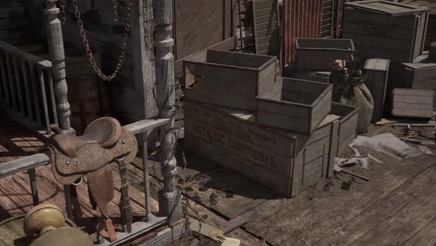 Realistic cinematic shots of an abandoned old western town in a forested rural setting. This collection captures wooden buildings, dirt roads, and environmental storytelling elements. 