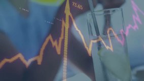 Woman tapping smartphone with iced drink in café, animating stock charts and tracking market trends. Refreshment, technology, finance, leisure, innovation, lifestyle, success - Powered by Shutterstock - Get 15% off with code: PIKWIZARD15