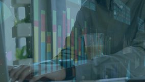 Man typing and scrolling triggers animated financial charts and numeric overlays for data analysis. Finance, analytics, technology, productivity, workstation, modern, digital - Powered by Shutterstock - Get 15% off with code: PIKWIZARD15