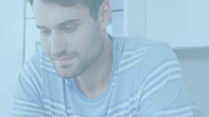 Male reacting to tech scanning interface fading over chest, picking up smartphone, processing data. Futuristic, biometric, technology, security, digital, innovation, modern - Powered by Shutterstock - Get 15% off with code: PIKWIZARD15