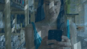 Woman scrolling smartphone amid wooden shelves starting retail data graphs for inventory insights. Technology, data, analytics, logistics, commerce, digital, modern - Powered by Shutterstock - Get 15% off with code: PIKWIZARD15