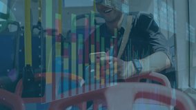 Commuter tapping smartphone screen on bus, scrolling market charts overlay for financial insights. Technology, transportation, urban, analysis, data visualization, communication, modern - Powered by Shutterstock - Get 15% off with code: PIKWIZARD15