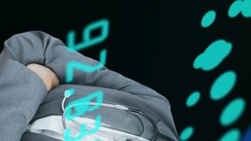 Animation of financial graphs and world map over happy caucasian businesswoman and elements. Business, global finance, economy and science concept digitally generated video. - Powered by Shutterstock - Get 15% off with code: PIKWIZARD15