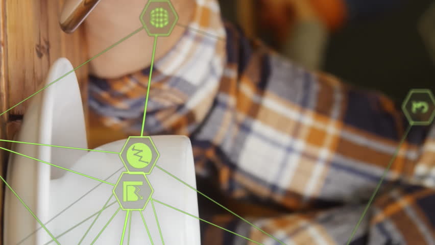 Animation of network of connections and world map over person drinking coffee and using smartphone. Global connections, data processing and digital interface concept digitally generated video. - Powered by Shutterstock - Get 15% off with code: PIKWIZARD15