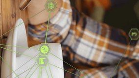 Animation of network of connections and world map over person drinking coffee and using smartphone. Global connections, data processing and digital interface concept digitally generated video. - Powered by Shutterstock - Get 15% off with code: PIKWIZARD15