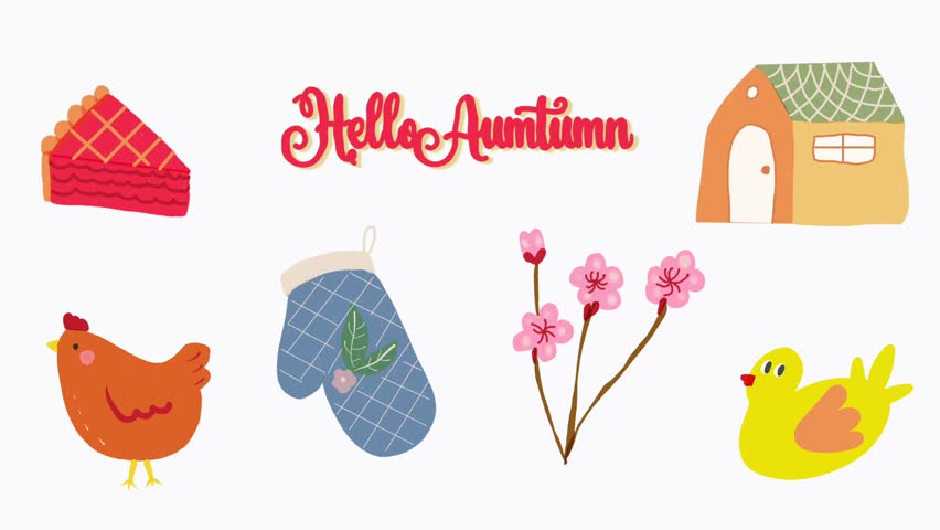 Cute autumn-themed cartoon with pie, hen, oven mitten, house, cherry blossom flowers, duck and text.