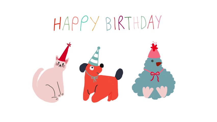Cute animated cartoon cat, dog and chick in party hats under Happy Birthday text on white background