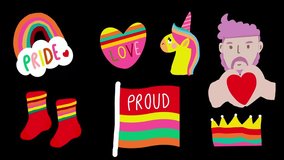 Cute animated LGBTQ pride cartoon set with rainbow, unicorn, hearts, flag, and joyful symbolic elements - Powered by Shutterstock - Get 15% off with code: PIKWIZARD15