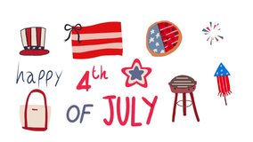 Cute animated icons representing Happy 4th of July celebration with patriotic items including hat, flag, firework, grill, pizza tote bag and festive symbols in red white and blue theme - Powered by Shutterstock - Get 15% off with code: PIKWIZARD15