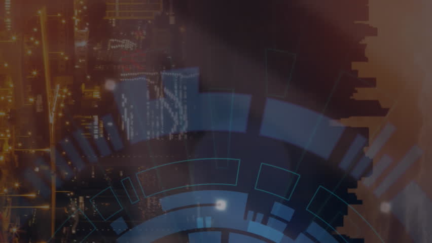 Animation of round scanner over statistical data processing against aerial view of cityscape. Computer interface and business data technology concept - Powered by Shutterstock - Get 15% off with code: PIKWIZARD15