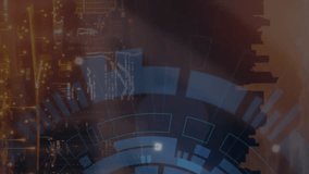 Animation of round scanner over statistical data processing against aerial view of cityscape. Computer interface and business data technology concept - Powered by Shutterstock - Get 15% off with code: PIKWIZARD15