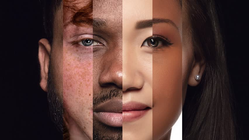 Playful stop motion. Human face made from different portrait of men and women of diverse age and race. Concept of social equality, human rights, freedom, diversity, acceptance