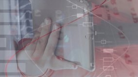 Animation of statistical and stock market data processing over mid section of woman using tablet. Global economy and business data technology concept - Powered by Shutterstock - Get 15% off with code: PIKWIZARD15