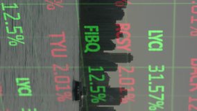 Animation of stock market data processing against aerial view of cityscape and sea. Global economy and business technology concept - Powered by Shutterstock - Get 15% off with code: PIKWIZARD15