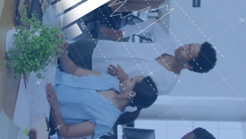 Animation of statistical data processing over group of diverse women discussing together at office. Computer interface and business data technology concept - Powered by Shutterstock - Get 15% off with code: PIKWIZARD15