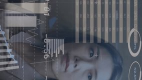 Animation of financial data processing over asian businesswoman in office. Global business, connections, computing, digital interface and data processing concept digitally generated video. - Powered by Shutterstock - Get 15% off with code: PIKWIZARD15