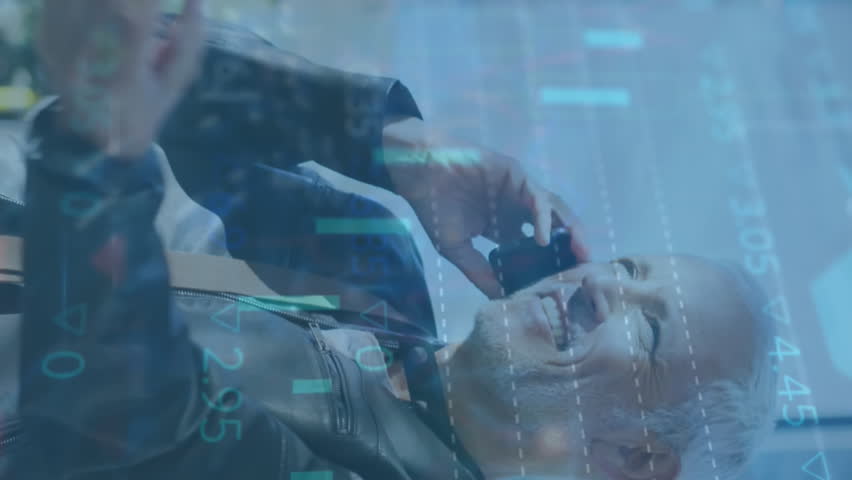 Animation of data processing over caucasian man using smartphone. Global connections, computing, digital interface and data processing concept digitally generated video. - Powered by Shutterstock - Get 15% off with code: PIKWIZARD15