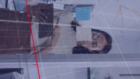 Animation of graph, diverse coworkers discussing strategy over sticky notes on transparent wall. Digital composite, multiple exposure, report, business, loss, planning and teamwork concept. - Powered by Shutterstock - Get 15% off with code: PIKWIZARD15