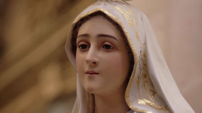 detailed serene face of virgin mary sculpture with soft lighting vertical