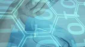 Animation of binary coding data processing over diverse female doctor and male patient. Global medicine, healthcare, connections, computing and data processing concept digitally generated video. - Powered by Shutterstock - Get 15% off with code: PIKWIZARD15